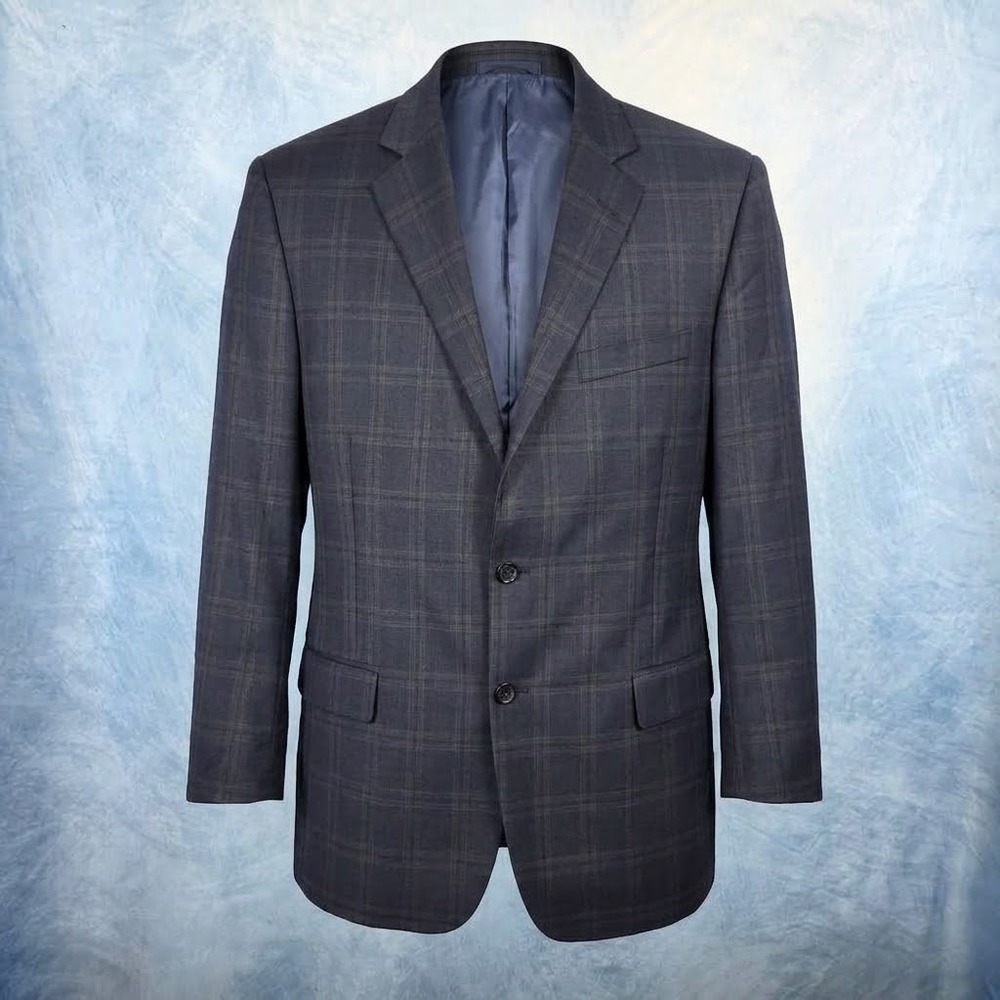 Brooks Brothers 346 Fitzgerald Fit Navy Blue Plaid 100% Wool Blazer 44R Mens